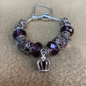 Purple Crown Charm Bracelet Women Silver Tone Royal European Style 6.5 in New